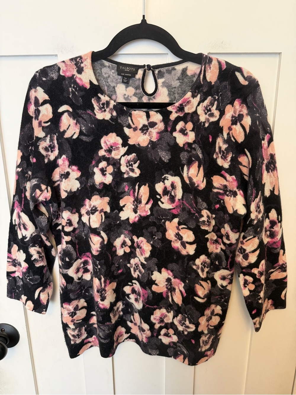Talbots Pure Cashmere Audrey Sweater Black 3/4 Sleeve Floral Keyhole Large P